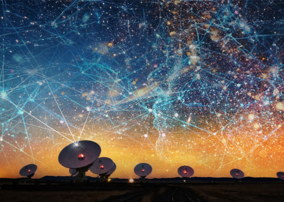 A field of satellite dishes at dusk send signals to a starry sky connected by many beams of light, as if mapping the sky
